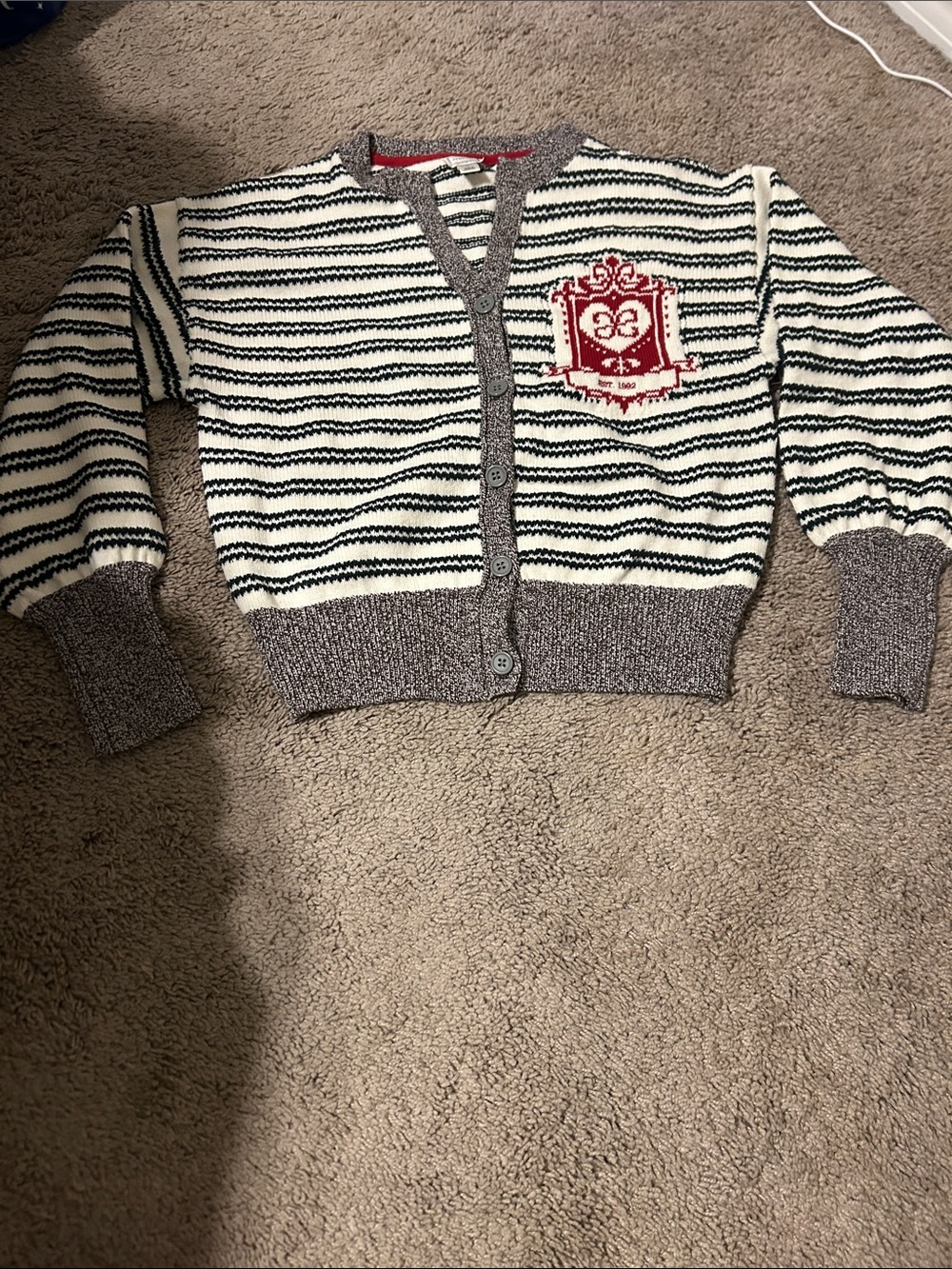 Maeve Striped V-Neck Cardigan with Red Crest - Cream & Black